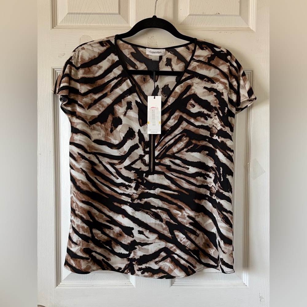 Calvin Klein Zebra Print Blouse - Black and Brown Sz M